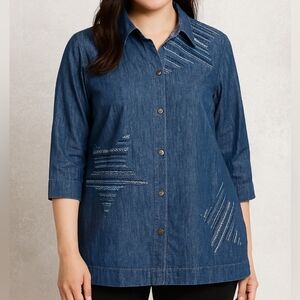 City Blue Chambray Embroidered Patriotic Stars Shirt Blue 18W